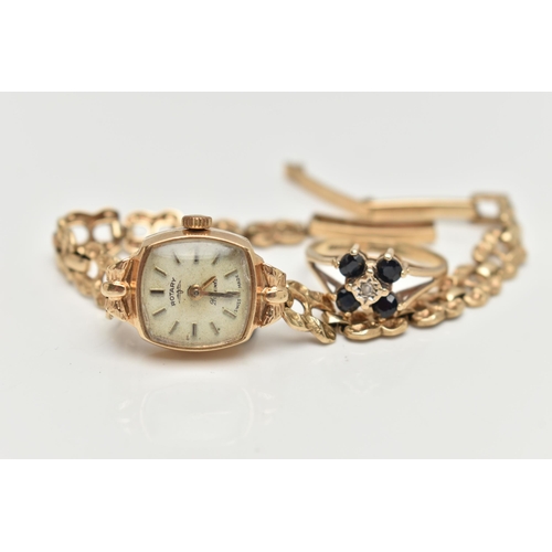 117 - A 9CT GOLD 'ROTARY' LADYS WRISTWATCH AND A 9CT GEM SET RING, hand wound movement, square dial signed... 
