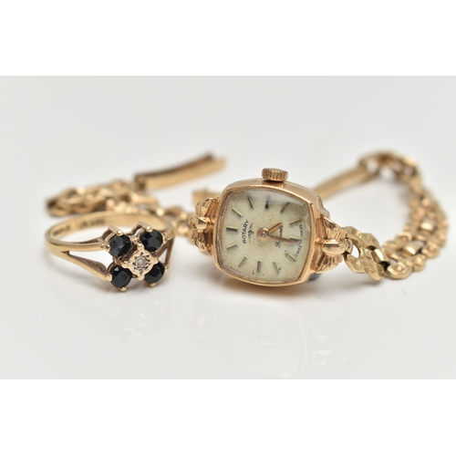 117 - A 9CT GOLD 'ROTARY' LADYS WRISTWATCH AND A 9CT GEM SET RING, hand wound movement, square dial signed... 
