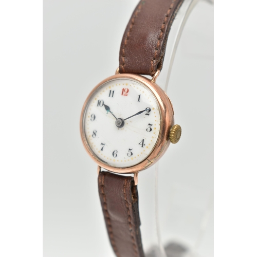 128 - A 9CT GOLD LADYS WRISTWATCH, hand wound movement, round white dial, Arabic numerals, rose gold case,... 