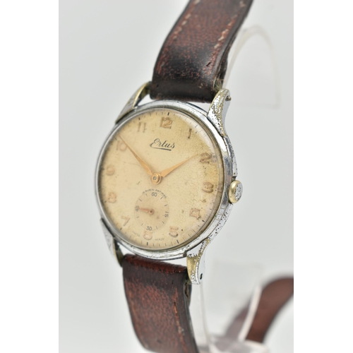 129 - A 'ERTUS' GENTS WRISTWATCH, hand wound movement, round dial signed 'Ertus', Arabic numerals, subsidi... 