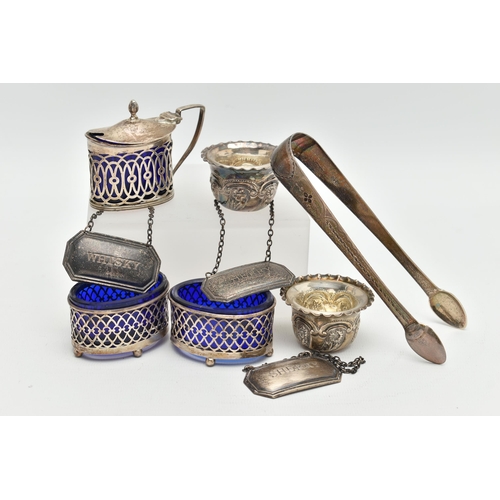134 - AN ASSORTMENT OF SILVER ITEMS, to include three silver decanter labels, two pairs of salts with thei... 