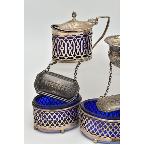 134 - AN ASSORTMENT OF SILVER ITEMS, to include three silver decanter labels, two pairs of salts with thei... 