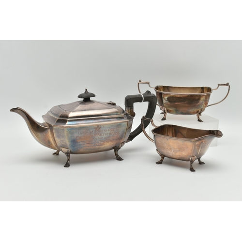 138 - AN EARLY 20TH CENTURY SILVER MASONIC PRESENTATION, THREE PIECE TEA SET, comprising of a teapot, suga... 