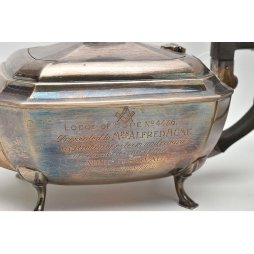 138 - AN EARLY 20TH CENTURY SILVER MASONIC PRESENTATION, THREE PIECE TEA SET, comprising of a teapot, suga... 