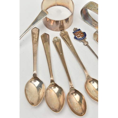 140 - A SELECTION OF SILVER, to include a pair of bright cut Georgian sugar tongs, engraved initials to th... 