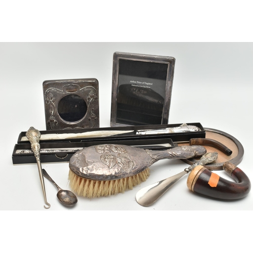 147 - ASSORTED ITEMS, to include a silver cherub embossed hair brush, hallmarked Birmingham, two boxed sil... 