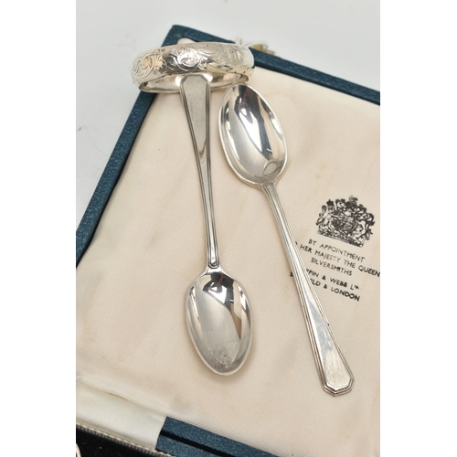 149 - A CASED SET OF SIX SILVER TEASPOONS AND A NAPKIN RING, teaspoons hallmarked Sheffield 1965, together... 