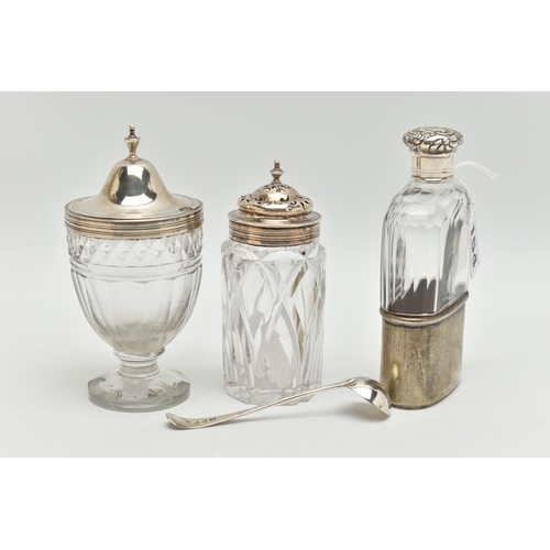 154 - THREE ITEMS OF GLASS AND SILVERWARE, to include a late Victorian glass hip flask with cup base, lid ... 