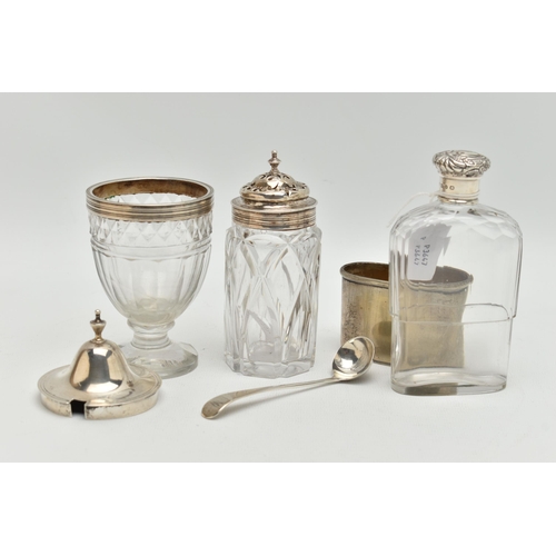 154 - THREE ITEMS OF GLASS AND SILVERWARE, to include a late Victorian glass hip flask with cup base, lid ... 