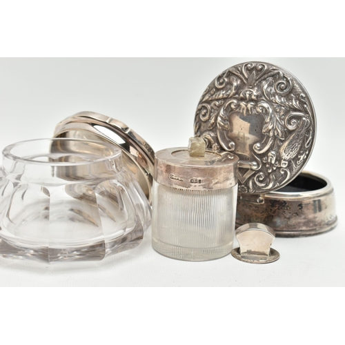157 - A SMALL ASSORTMENT OF SILVER, to include a silver lidded glass perfume bottle, hallmarked 'Cornelius... 