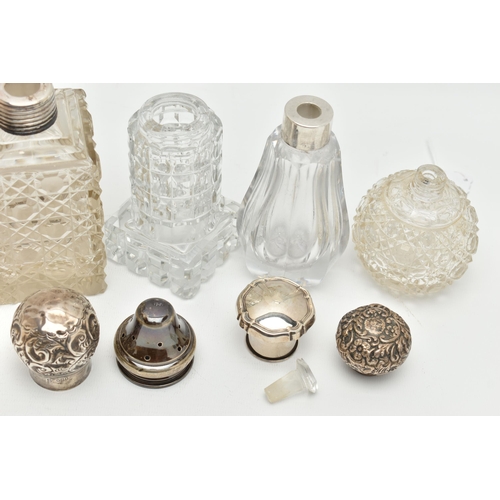 158 - SIX SILVER LIDDED BOTTLES, six glass bottles of varying shapes and size, all fitted with silver lids... 