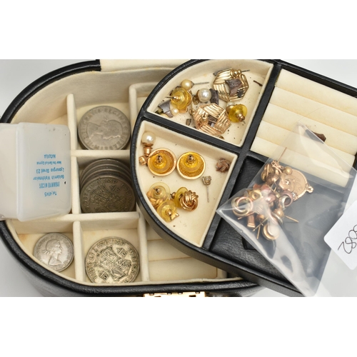 160 - A JEWELLERY BOX WITH CONTENTS, to include a small quantity of yellow metal earrings, some stamped 9c... 