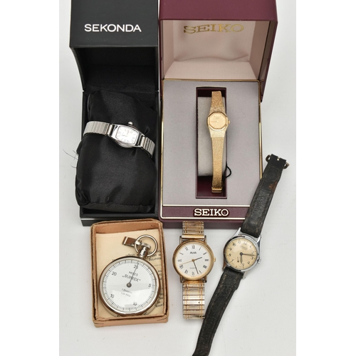 161 - FOUR WRISTWATCHES AND A PEDOMETER, to include a boxed ladys 'Seiko' wristwatch, a boxed ladys 'Sekon... 