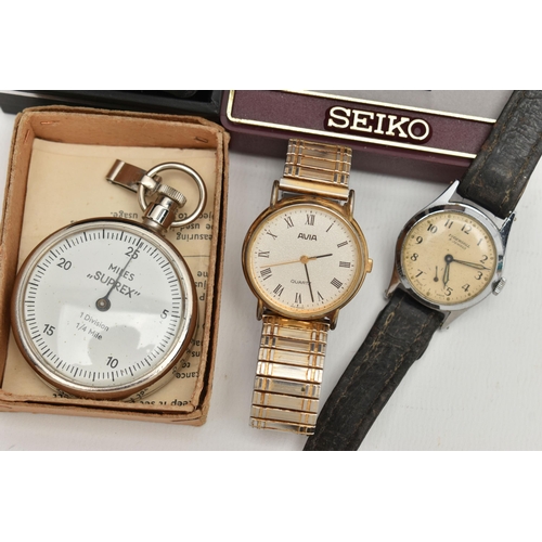 161 - FOUR WRISTWATCHES AND A PEDOMETER, to include a boxed ladys 'Seiko' wristwatch, a boxed ladys 'Sekon... 