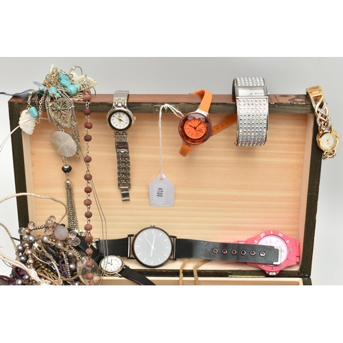 167 - A BOX OF ASSORTED COSTUME JEWELLERY AND WATCHES, a wooden hinged lidded box, encasing a selection of... 