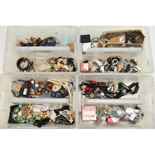 169 - FOUR STACKING BOXES OF COSTUME JEWELLERY, to include beaded necklaces, bangles, earrings, and rings,... 