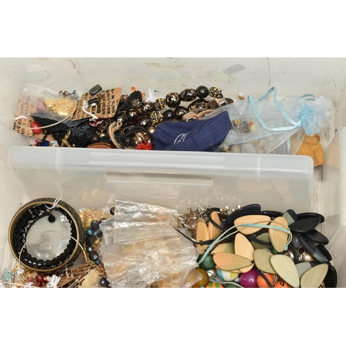 169 - FOUR STACKING BOXES OF COSTUME JEWELLERY, to include beaded necklaces, bangles, earrings, and rings,... 