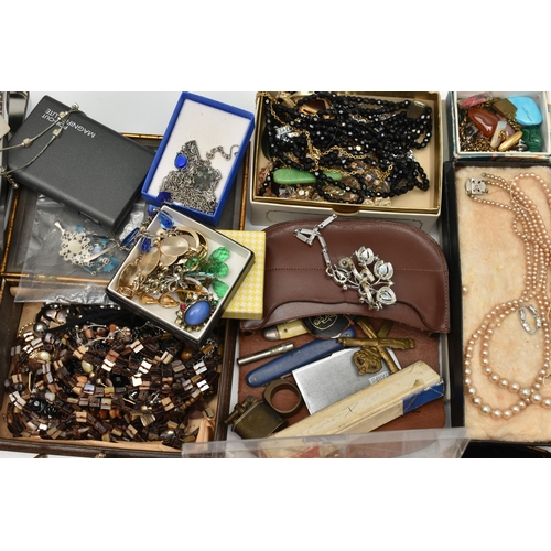 172 - A BOX OF ASSORTED ITEMS, to include a large selection of costume jewellery, a silver plated photo fr... 