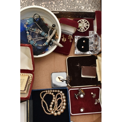 174 - A BOX OF ASSORTED ITEMS, to include a metal jewellery box with contents of mainly white metal stud e... 