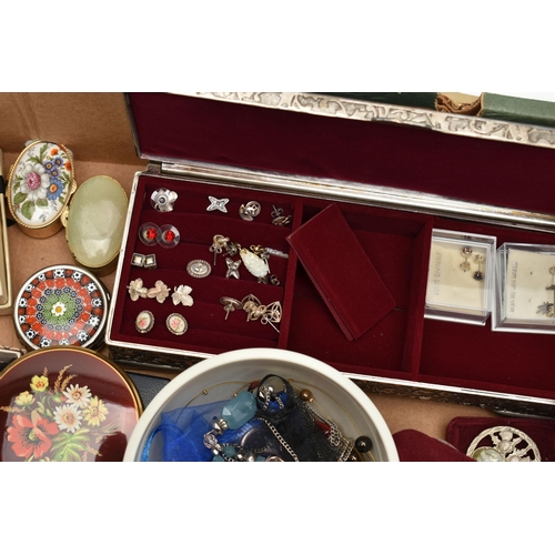 174 - A BOX OF ASSORTED ITEMS, to include a metal jewellery box with contents of mainly white metal stud e... 