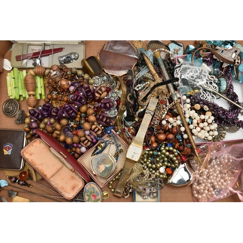 176 - A BOX OF ASSORTED ITEMS, to include beaded necklaces, bracelets, brooches, earrings, fashion watches... 