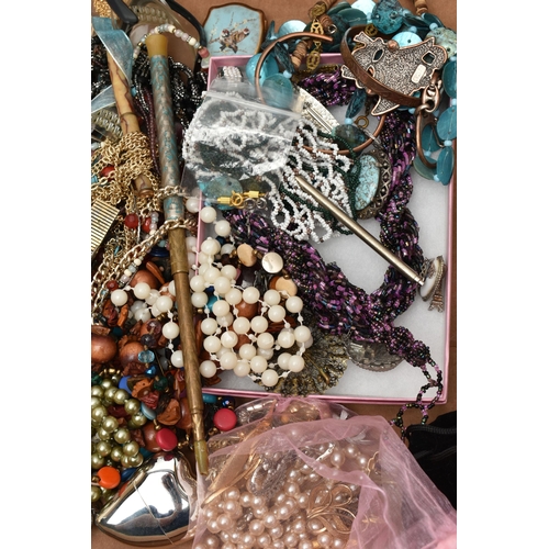 176 - A BOX OF ASSORTED ITEMS, to include beaded necklaces, bracelets, brooches, earrings, fashion watches... 