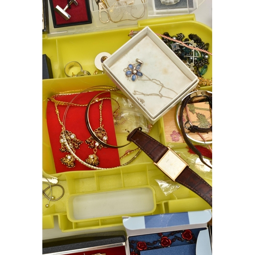 177 - A BOX OF ASSORTED ITEMS, to include a silver line bracelet set with orange cubic zirconia, hallmarke... 