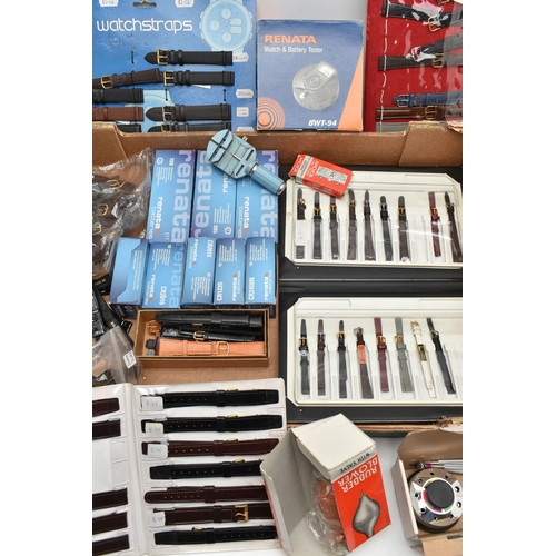 178 - A BOX OF ASSORTED WATCH PARTS, to include a large quantity of new watch straps, a boxed 'Renata' wat... 