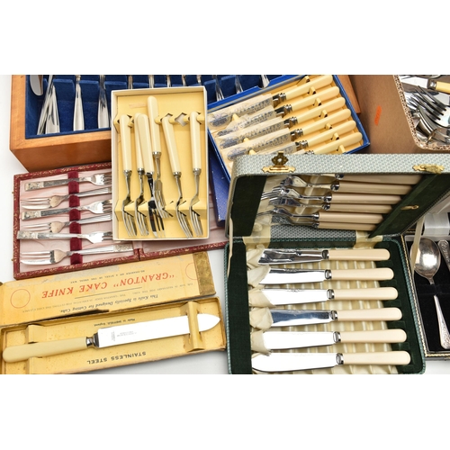 179 - A CANTEEN AND WHITE METAL WARE, wooden canteen complete with Atlas Staybrite cutlery, a box of loose... 