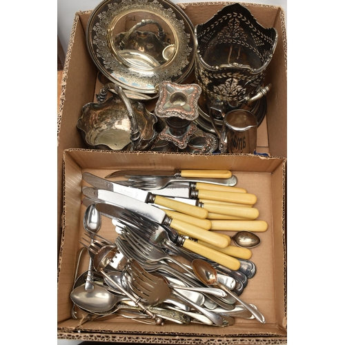 179 - A CANTEEN AND WHITE METAL WARE, wooden canteen complete with Atlas Staybrite cutlery, a box of loose... 