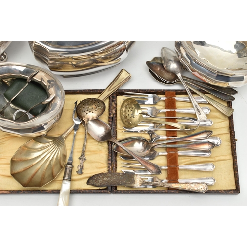 181 - A BOX OF ASSORTED WHITE METAL, to include a pair of silver sugar tongs, with scrolling detail, hallm... 