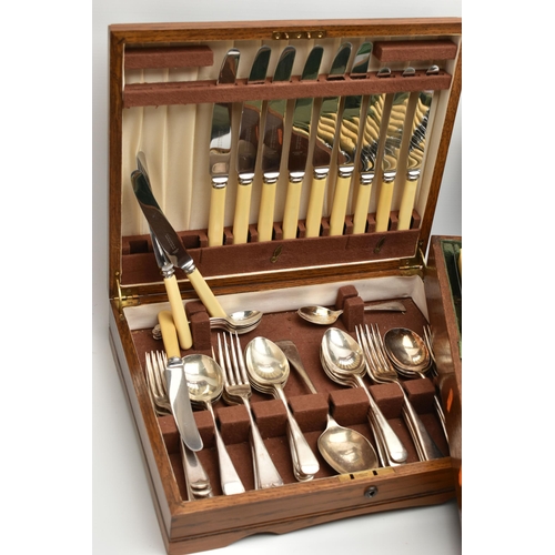 182 - A CANTEEN AND OTHER CUTLERY, a wooden canteen complete with cutlery, two wooden draws of a canteen f... 