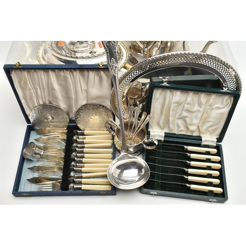 183 - A BOX OF ASSORTED WHITE METAL WARE, to include a large tray, coasters, entree dish with cover, a fou... 