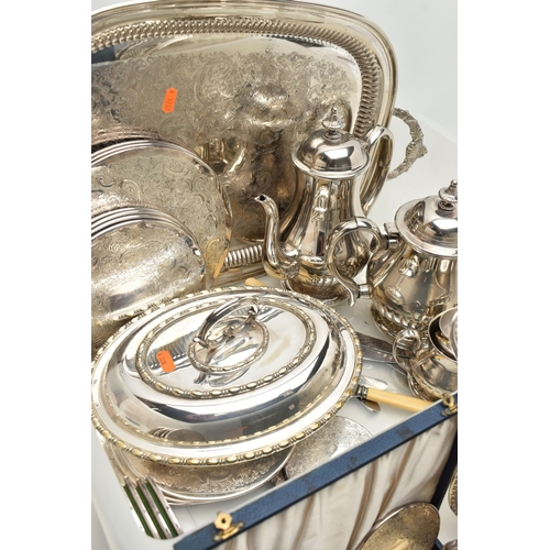 183 - A BOX OF ASSORTED WHITE METAL WARE, to include a large tray, coasters, entree dish with cover, a fou... 