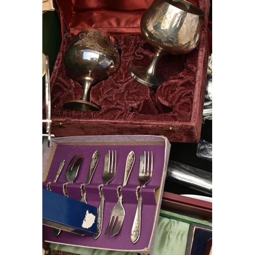 184 - A BOX OF ASSORTED WHITE METAL WARE, to include a punch bowl with ladle, large oval tray, teapot, toa... 