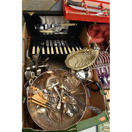 184 - A BOX OF ASSORTED WHITE METAL WARE, to include a punch bowl with ladle, large oval tray, teapot, toa... 