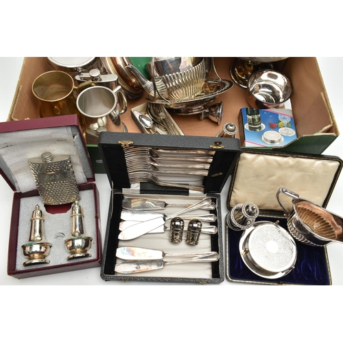 186 - A BOX OF ASSORTED WHITE METAL, to include four silver teaspoons, hallmarked 'Cooper Brothers & Sons ... 