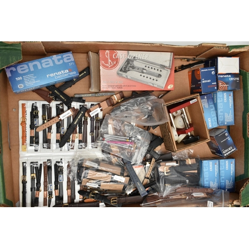 187 - A BOX OF ASSORTED WATCH PARTS, to include watch batteries, a case opener, a large selection of watch... 