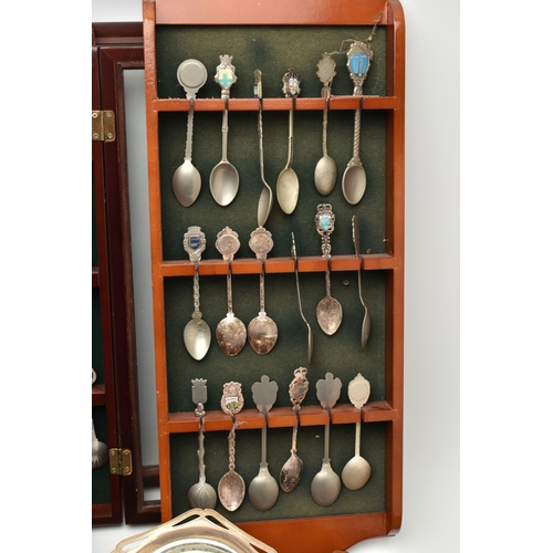 190 - A BOX OF WALL MOUNTED WOODEN TEASPOON DISPLAY CABINETS WITH COLLECTABLE TEASPOONS, eight displays in... 