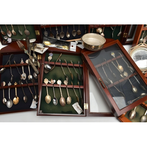 190 - A BOX OF WALL MOUNTED WOODEN TEASPOON DISPLAY CABINETS WITH COLLECTABLE TEASPOONS, eight displays in... 