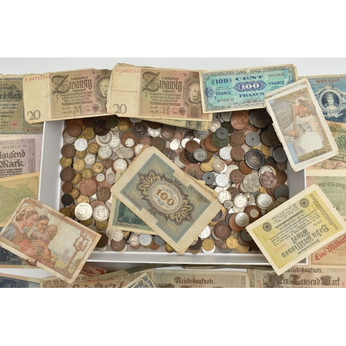 191 - A CARDBOARD TRAY OF MIXED WORLD COINS, of mainly 20th century with approximately 300 grams of silver... 