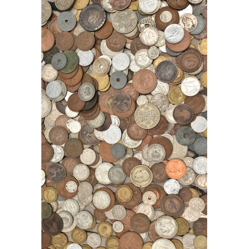 191 - A CARDBOARD TRAY OF MIXED WORLD COINS, of mainly 20th century with approximately 300 grams of silver... 