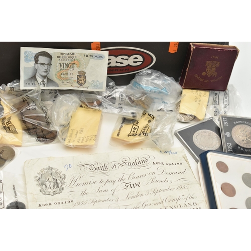 192 - A SHOE BOX OF MIXED WORLD COINAGE AND A SMALL AMOUNT OF UK BANKNOTES, to include A L K O'Brien Bank ... 