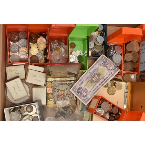 193 - A CARDBOARD TRAY OF WORLD COINS AND DISTRESSED BANKNOTES, to include a small box of mixed silver coi... 