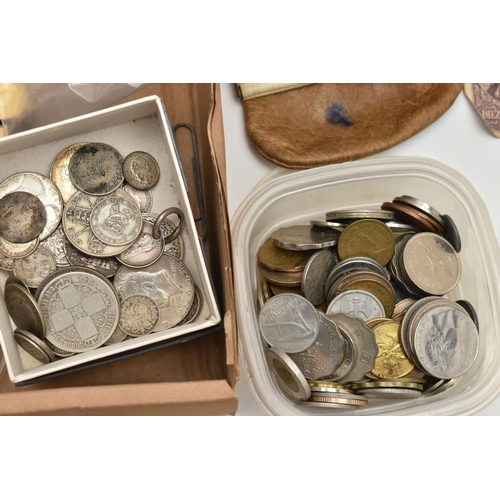 193 - A CARDBOARD TRAY OF WORLD COINS AND DISTRESSED BANKNOTES, to include a small box of mixed silver coi... 