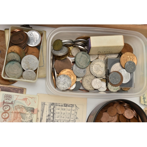 193 - A CARDBOARD TRAY OF WORLD COINS AND DISTRESSED BANKNOTES, to include a small box of mixed silver coi... 