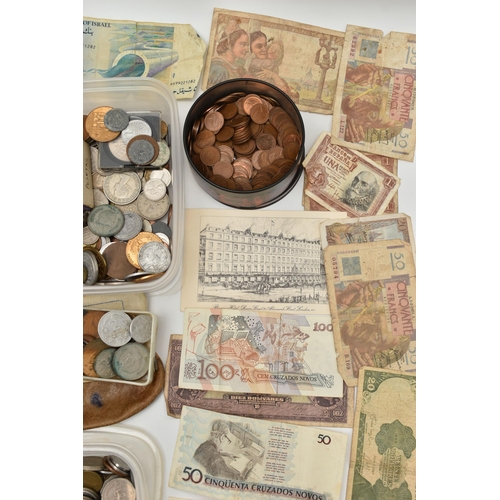 193 - A CARDBOARD TRAY OF WORLD COINS AND DISTRESSED BANKNOTES, to include a small box of mixed silver coi... 