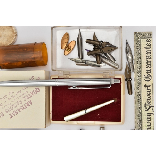 195 - A BOX OF ASSORTED PENS, to include a 'Conway Stewart' fountain pen, nib stamped 14ct, a boxed 'Parke... 