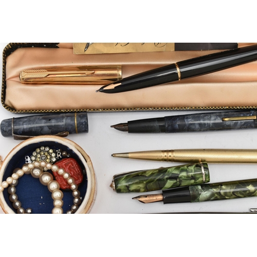 195 - A BOX OF ASSORTED PENS, to include a 'Conway Stewart' fountain pen, nib stamped 14ct, a boxed 'Parke... 