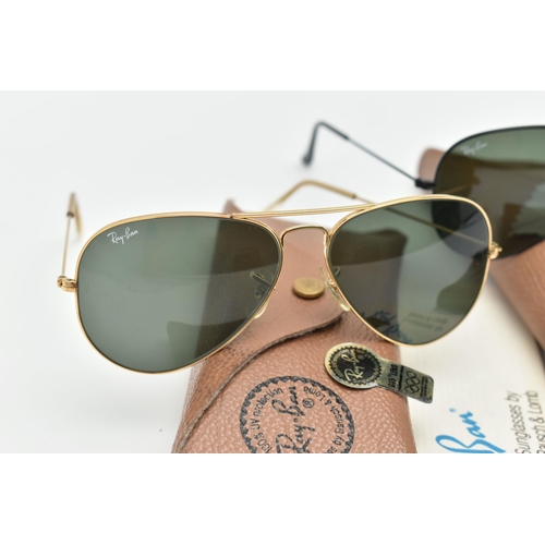 196 - TWO PAIRS OF CASED VINTAGE AVIATOR SUNGLASSES, the first with gold tone frame, stamped 'B & L Ray-Ba... 